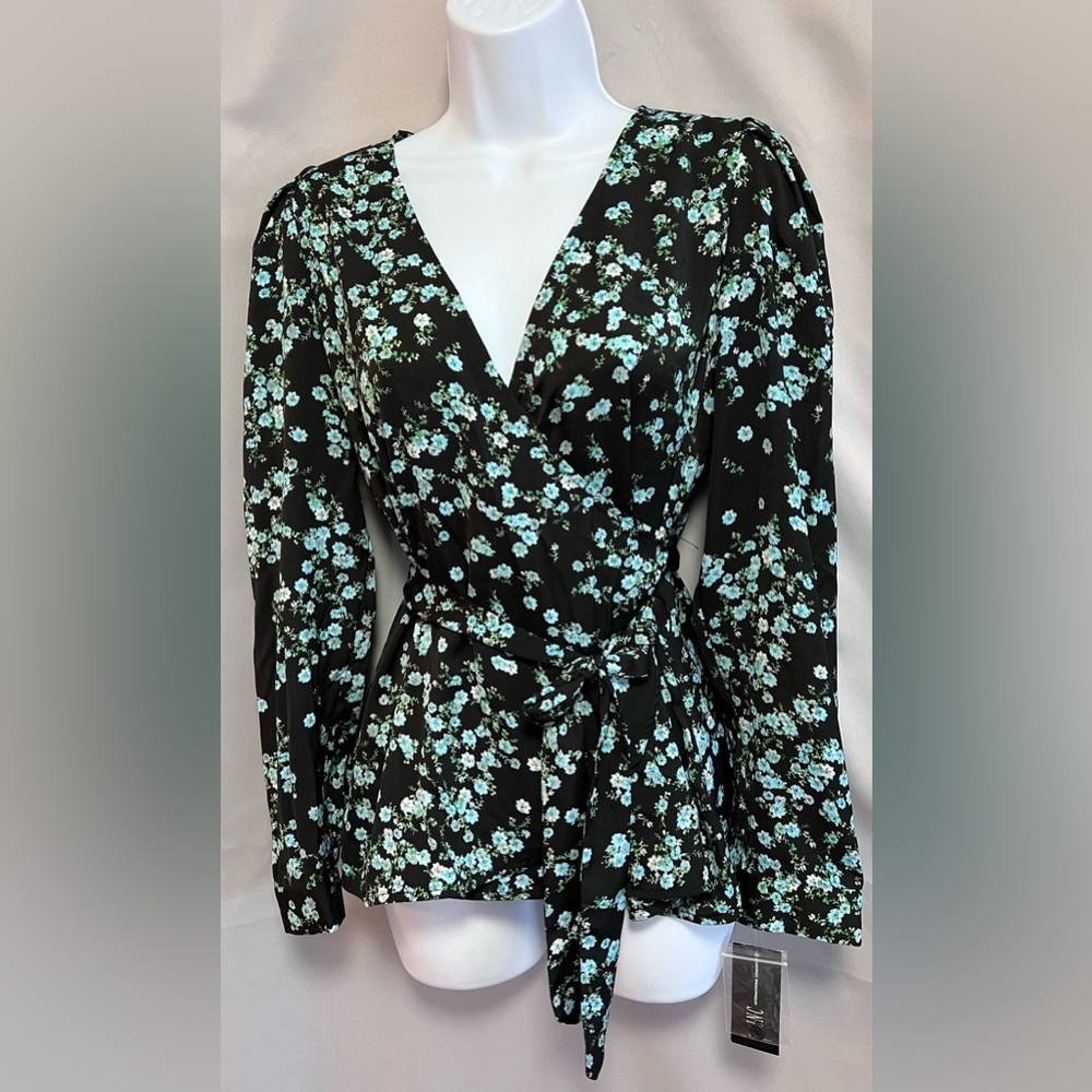 INC International Concepts Womens Printed Wrap Blouse, Black,sz Small